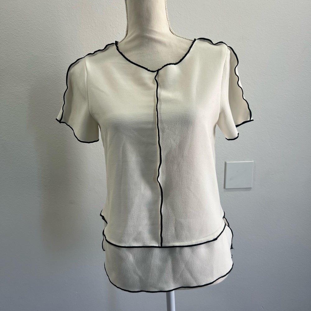 Zara Cream Short Sleeve Blouse with Black Contrast Trim